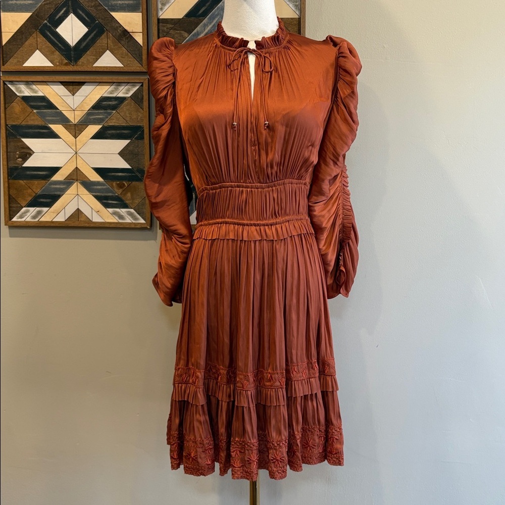 Ulla Johnson Luisa Satin Ruffle Mini Dress in Rust Red size 4 *As-Is* - Picture 2 of 16